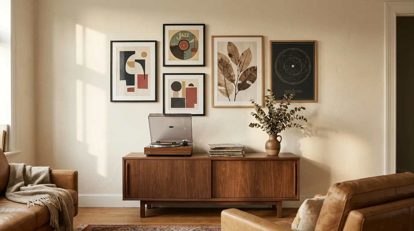 A curated gallery wall of framed art prints above a vintage record player